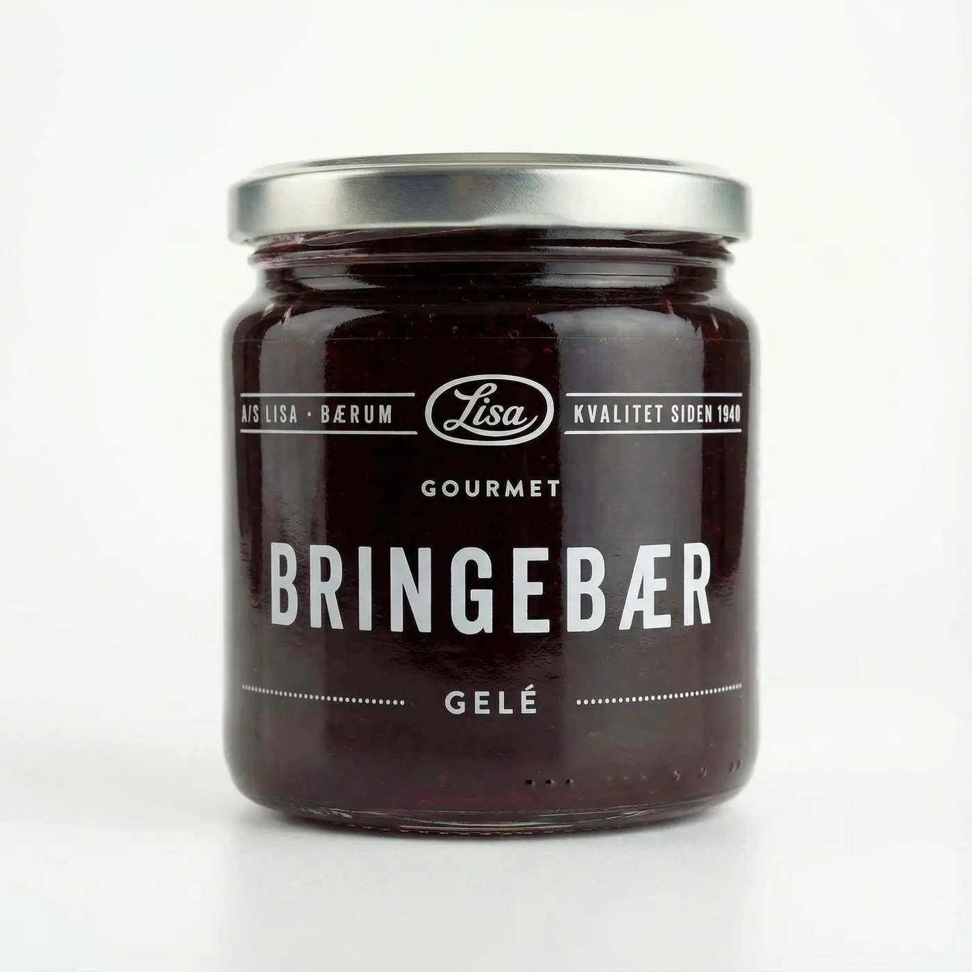 Lite glass med blank, dyprød bringebærgelé fra Lisa Gourmet med etikett