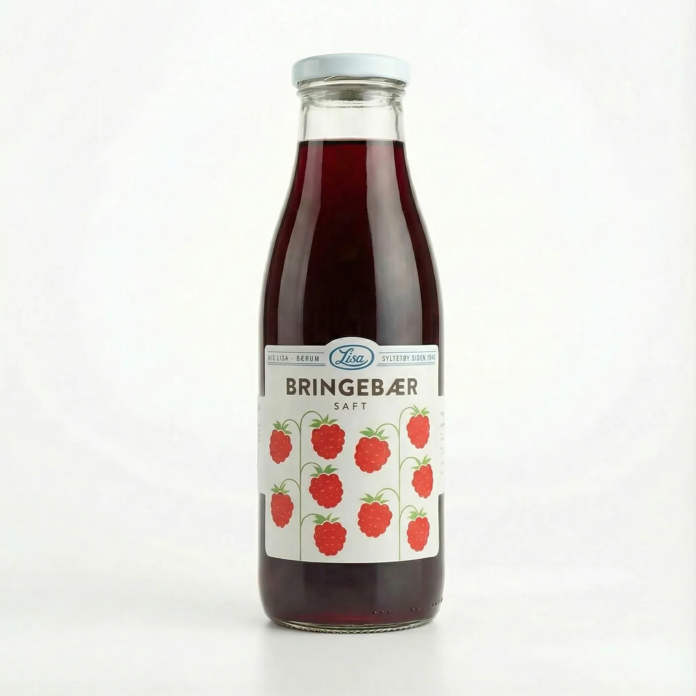 Flaske med Lisa Bringebær Saft 750 ml, klar rosarød saft i glassflaske