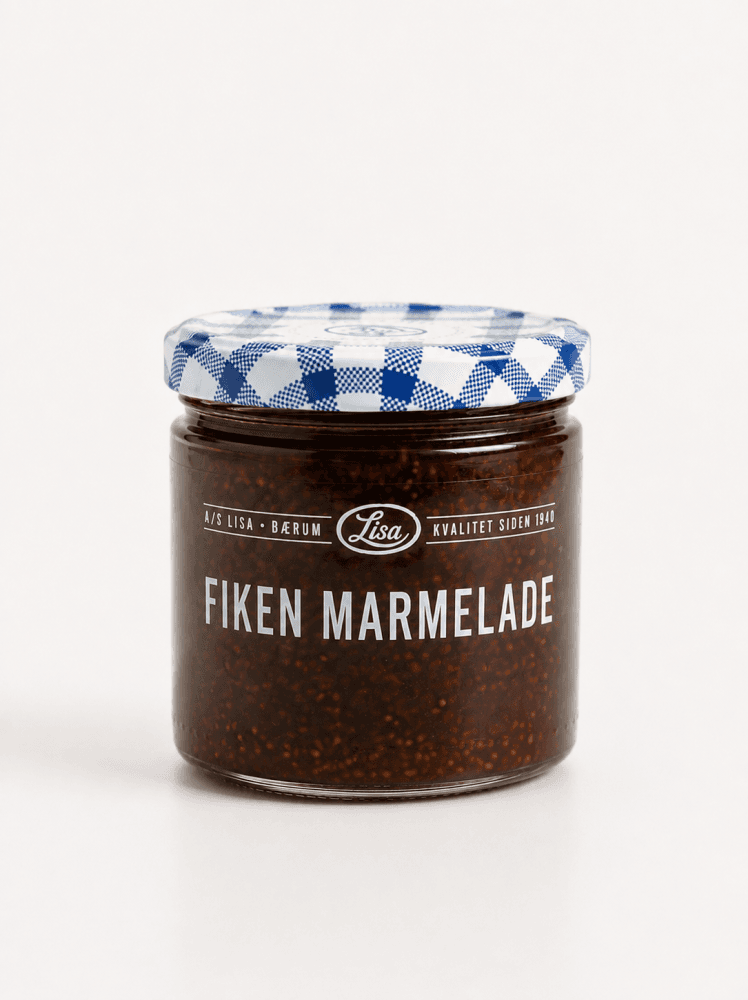 Lite 120-grams glass med mørk, tykk fikenmarmelade fra Lisa Syltetøy