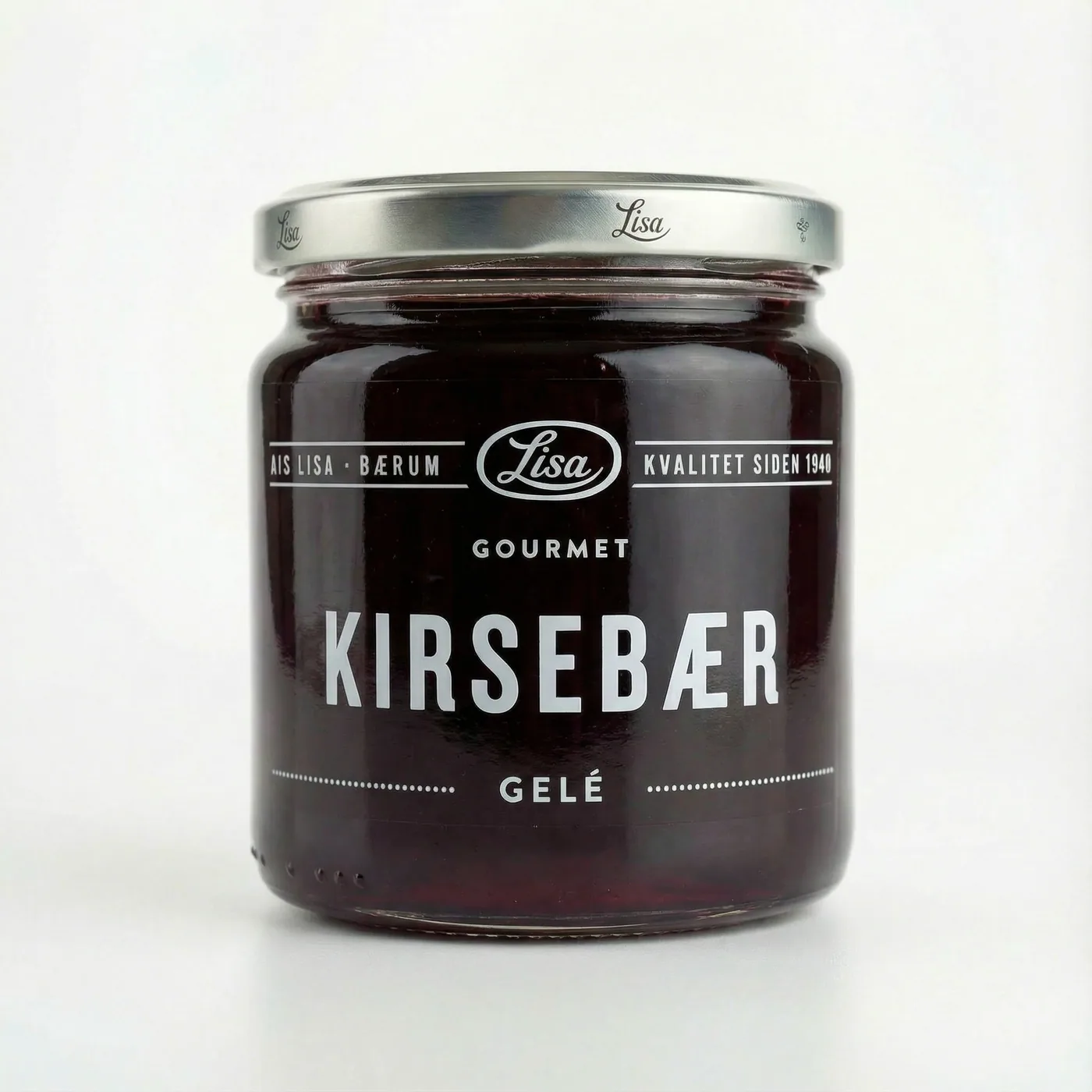 Lite glass med mørk, vinrød kirsebærgelé fra Lisa Gourmet, sett forfra