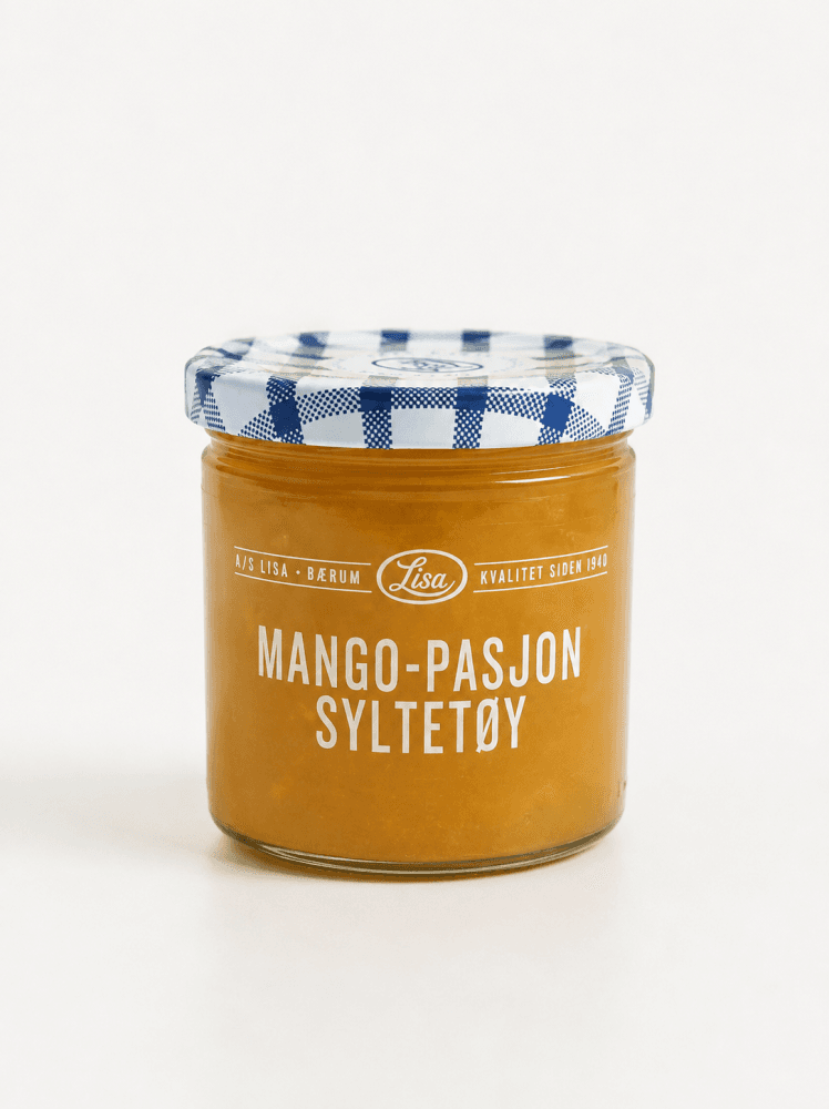 Lite glass med gyllen mango- og pasjonsmarmelade fra Lisa Syltetøy