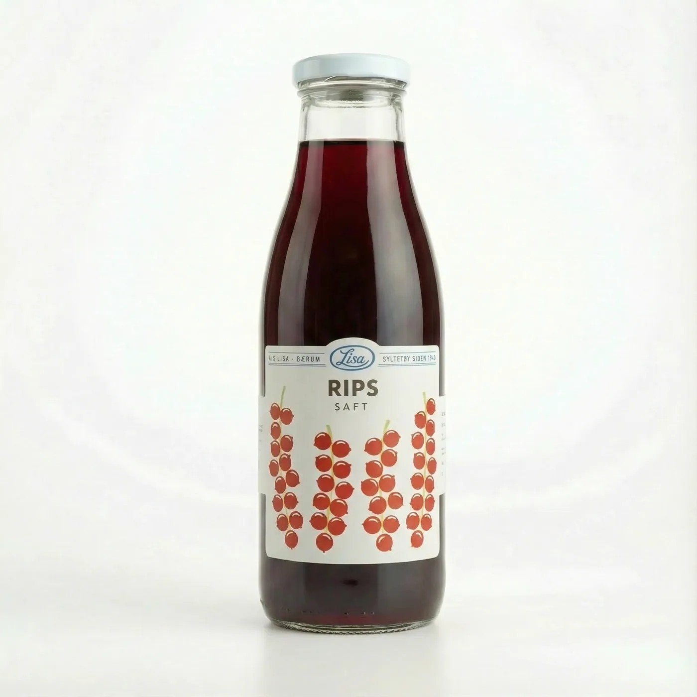 Flaske med Lisa Rips Saft 750 ml, klar lysende rød saft i glassflaske